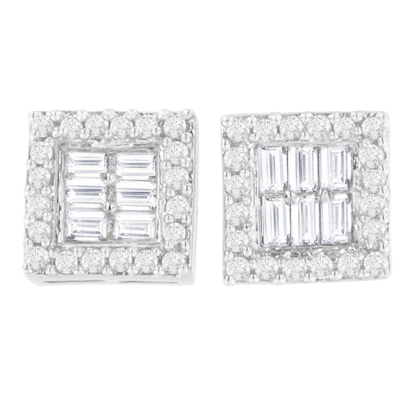 Aretes de botón con diamantes redondos y baguette de 1 ct. p.t. en oro blanco de 14K, foto 1
