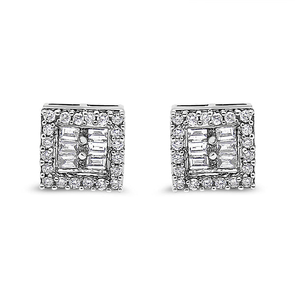 Aretes de botón con diamantes redondos y baguette de 1 ct. p.t. en oro blanco de 14K, foto 2