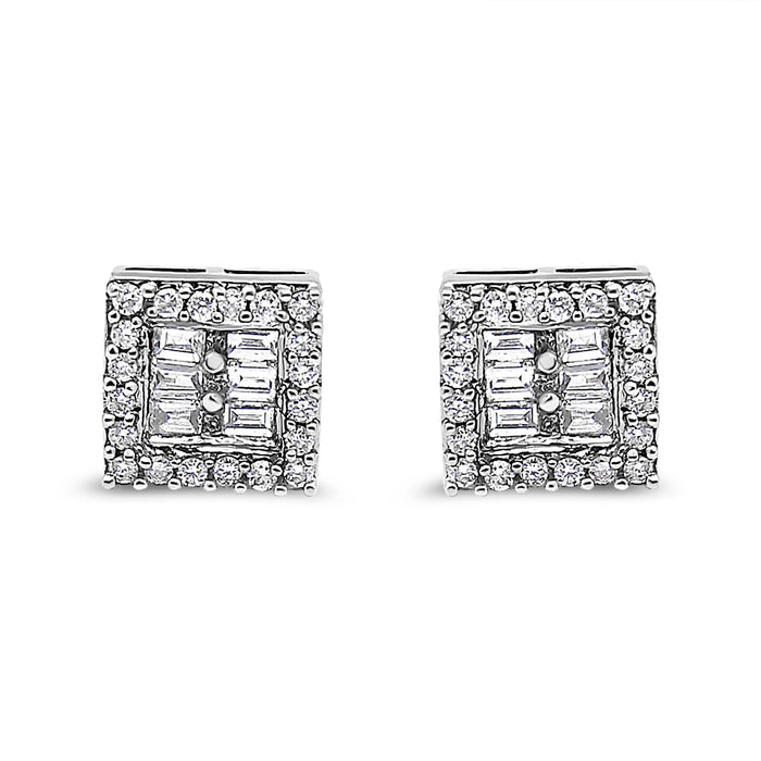 Aretes de botón con diamantes redondos y baguette de 1 ct. p.t. en oro blanco de 14K, foto 2