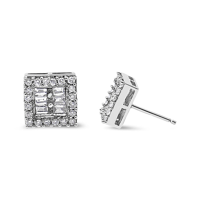 Aretes de botón con diamantes redondos y baguette de 1 ct. p.t. en oro blanco de 14K, foto 4