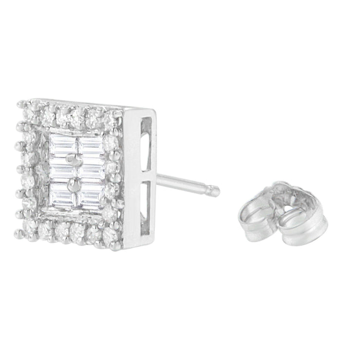 Aretes de botón con diamantes redondos y baguette de 1 ct. p.t. en oro blanco de 14K, foto 5