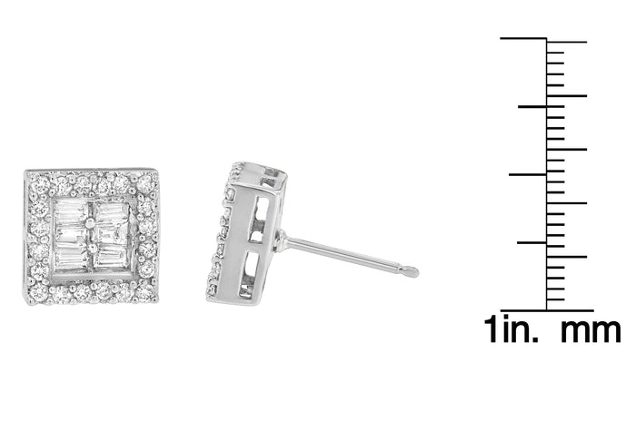 Aretes de botón con diamantes redondos y baguette de 1 ct. p.t. en oro blanco de 14K, foto 6