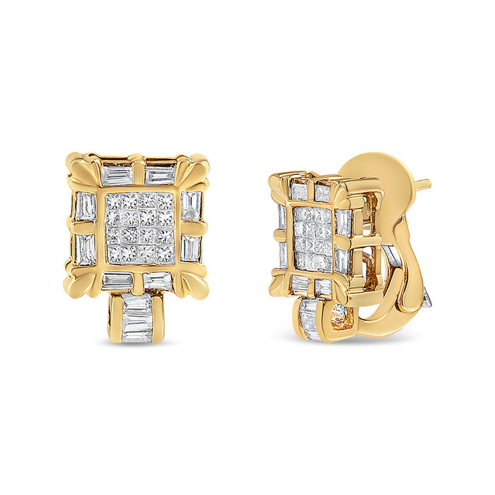 7/8 Ct. T.W. Princess and Baguette-Cut Diamond Square Framed Huggie Hoop Omega Earrings in 14K Yellow Gold, photo 1
