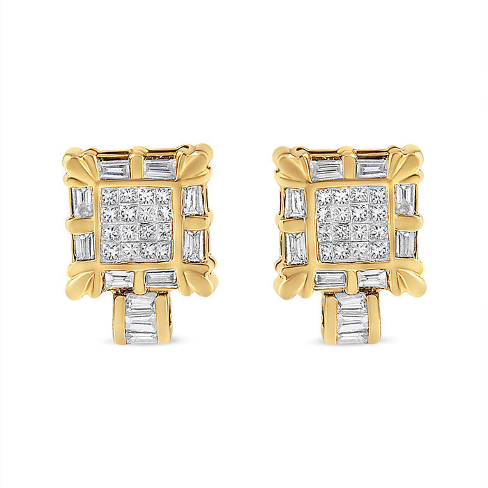 7/8 Ct. T.W. Princess and Baguette-Cut Diamond Square Framed Huggie Hoop Omega Earrings in 14K Yellow Gold, photo 2