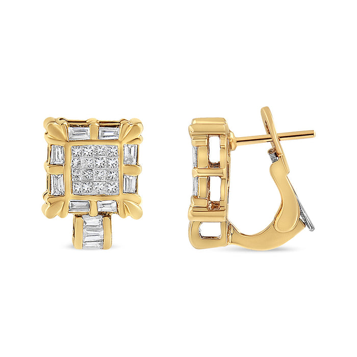 7/8 Ct. T.W. Princess and Baguette-Cut Diamond Square Framed Huggie Hoop Omega Earrings in 14K Yellow Gold, photo 4