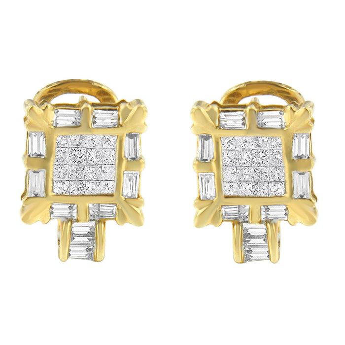 7/8 Ct. T.W. Princess and Baguette-Cut Diamond Square Framed Huggie Hoop Omega Earrings in 14K Yellow Gold, photo 5