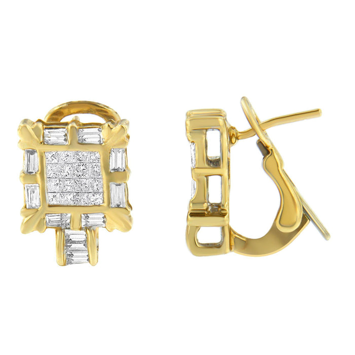 7/8 Ct. T.W. Princess and Baguette-Cut Diamond Square Framed Huggie Hoop Omega Earrings in 14K Yellow Gold, photo 6