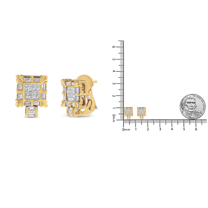 7/8 Ct. T.W. Princess and Baguette-Cut Diamond Square Framed Huggie Hoop Omega Earrings in 14K Yellow Gold, photo 7