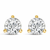 Aretes de botón solitario martini de 3 garras con diamantes redondos cultivados en laboratorio en oro de 14K