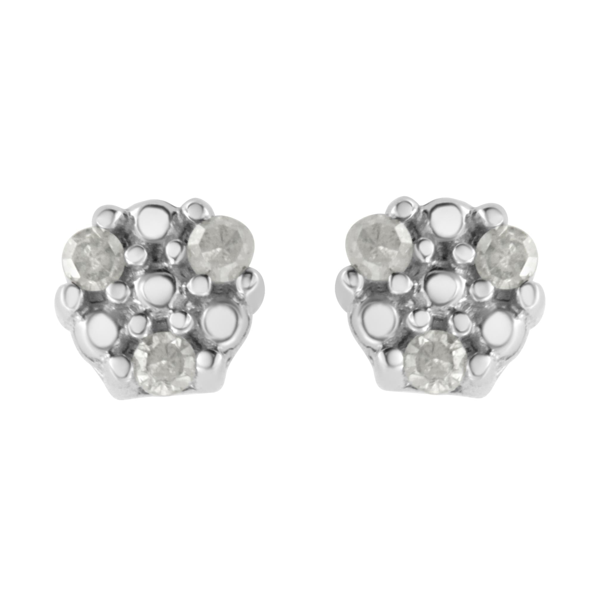 Aretes de botón de trío de garras con diamantes redondos de 1/10 ct. p.t. en plata de ley, foto 1