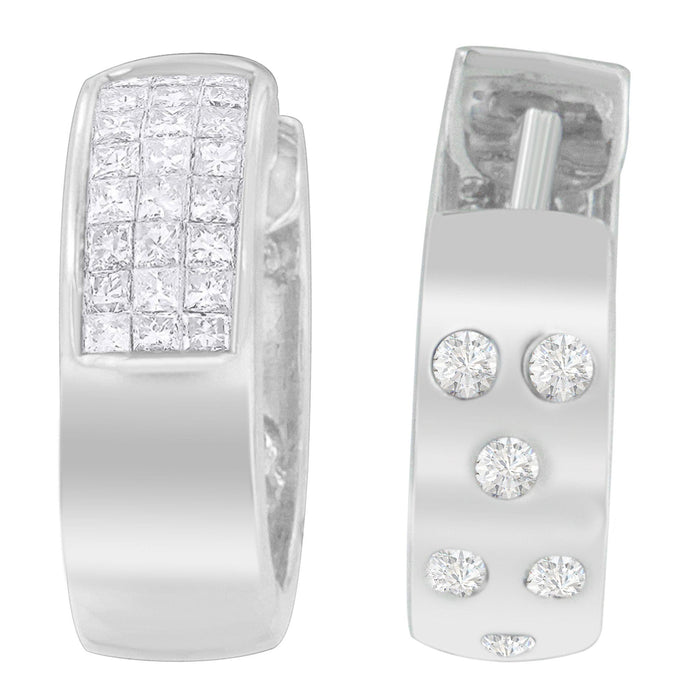 Aretes de aro Huggie con diamantes talla princesa y de talla redonda de 1 1/8 ct. p.t. en oro blanco de 14K, foto 3