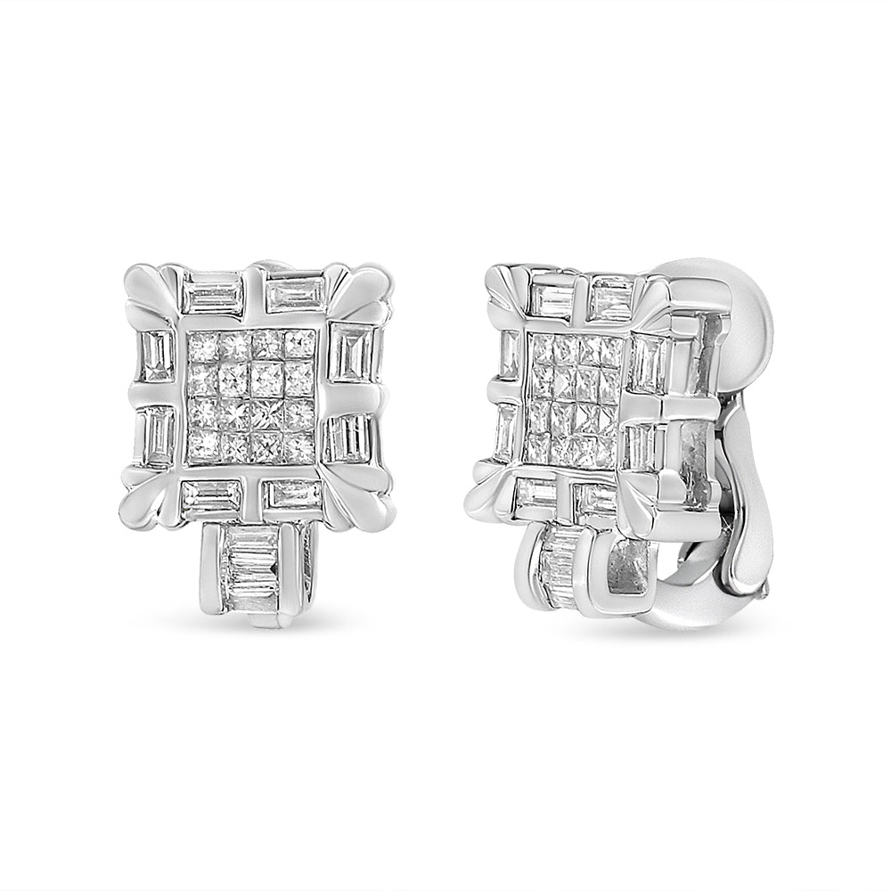 1 Ct. T.W. Princess and Baguette-Cut Diamond Square Framed Huggie Hoop Omega Earrings in 14K White Gold, photo 1
