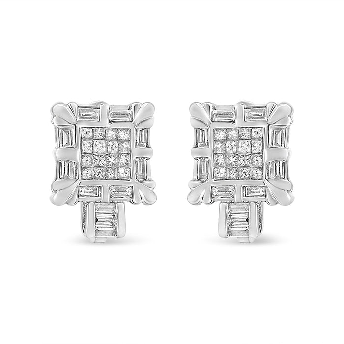1 Ct. T.W. Princess and Baguette-Cut Diamond Square Framed Huggie Hoop Omega Earrings in 14K White Gold, photo 2