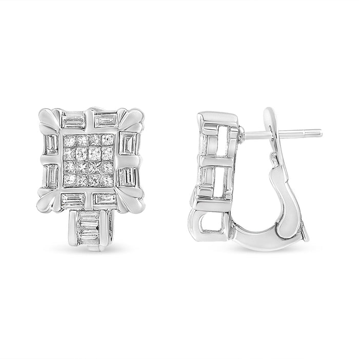 1 Ct. T.W. Princess and Baguette-Cut Diamond Square Framed Huggie Hoop Omega Earrings in 14K White Gold, photo 4