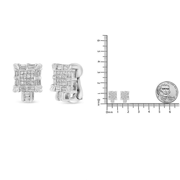 1 Ct. T.W. Princess and Baguette-Cut Diamond Square Framed Huggie Hoop Omega Earrings in 14K White Gold, photo 5