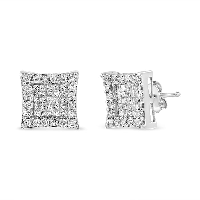Aretes de botón cuadrados con halo y diamantes redondos y talla princesa de 1 ct. p.t. en oro blanco de 18K, foto 1