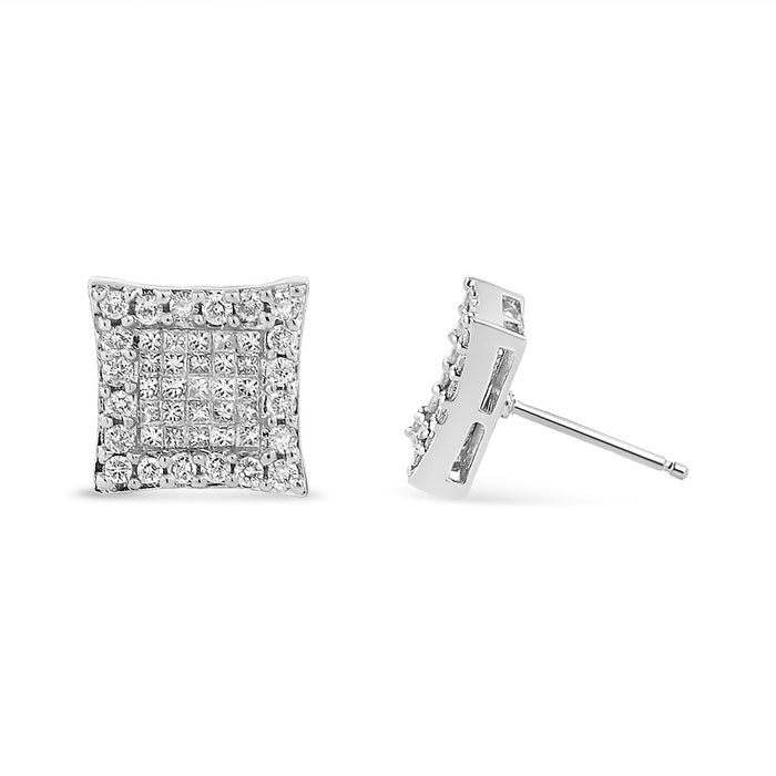 Aretes de botón cuadrados con halo y diamantes redondos y talla princesa de 1 ct. p.t. en oro blanco de 18K, foto 4