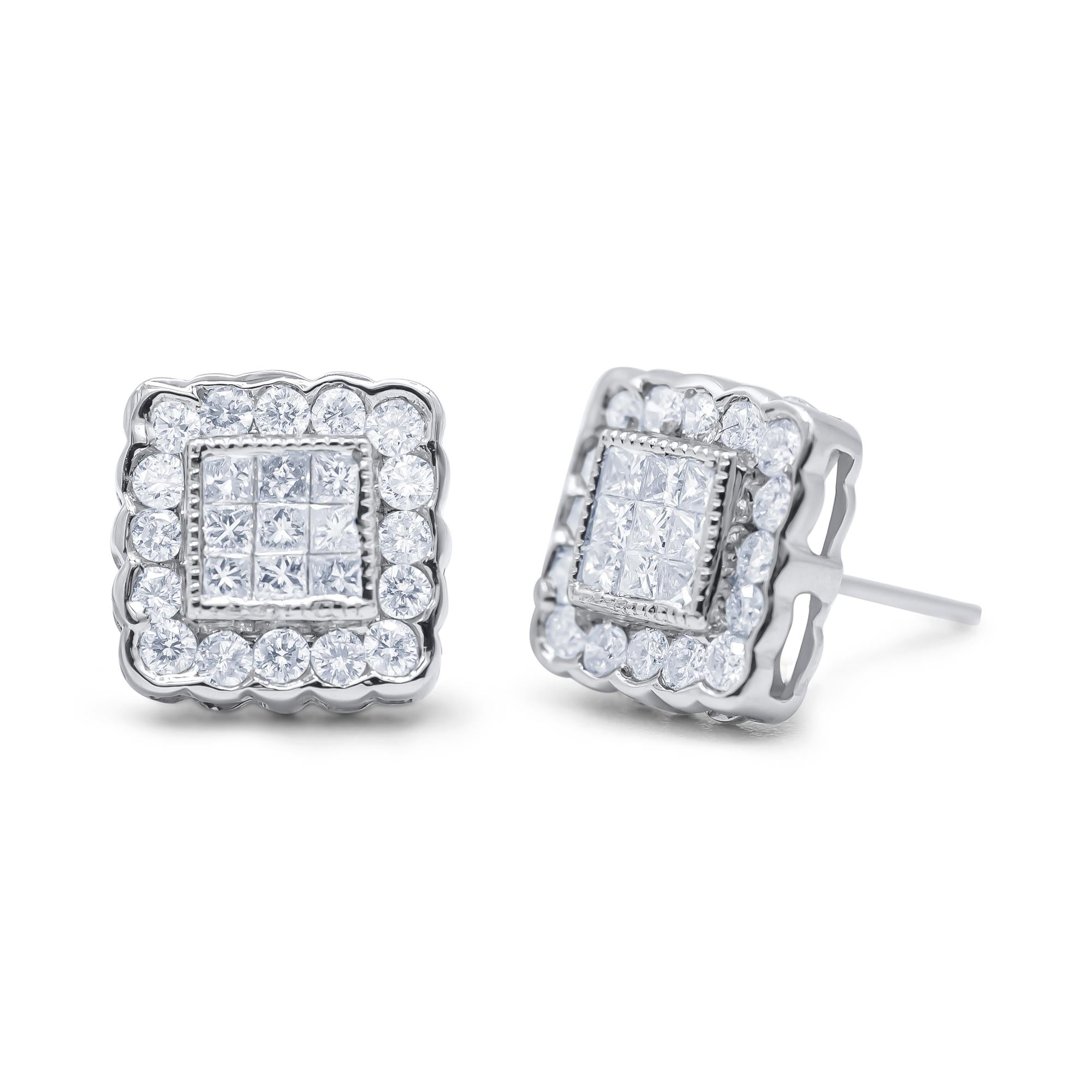 Aretes de botón de halo cuadrado enmarcado de borde festoneado con diamantes de 1 ct. p.t. en oro blanco de 14K, foto 1