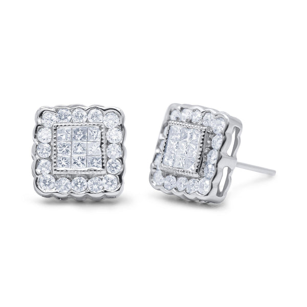Aretes de botón de halo cuadrado enmarcado de borde festoneado con diamantes de 1 ct. p.t. en oro blanco de 14K, foto 1