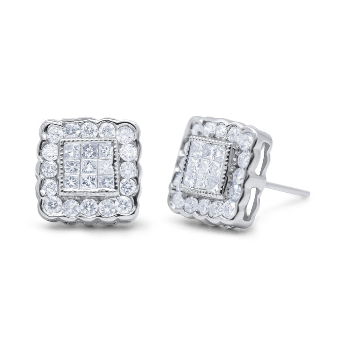 Aretes de botón de halo cuadrado enmarcado de borde festoneado con diamantes de 1 ct. p.t. en oro blanco de 14K, foto 1