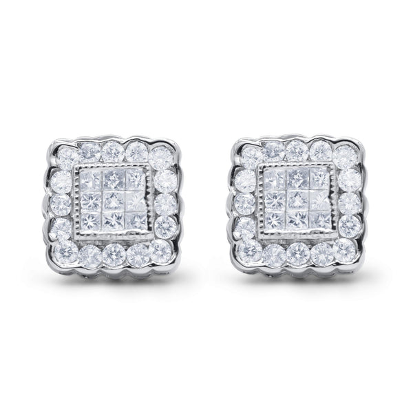 Aretes de botón de halo cuadrado enmarcado de borde festoneado con diamantes de 1 ct. p.t. en oro blanco de 14K, foto 2