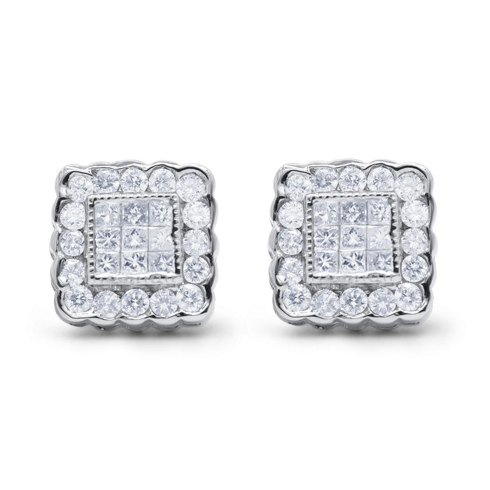 Aretes de botón de halo cuadrado enmarcado de borde festoneado con diamantes de 1 ct. p.t. en oro blanco de 14K, foto 2