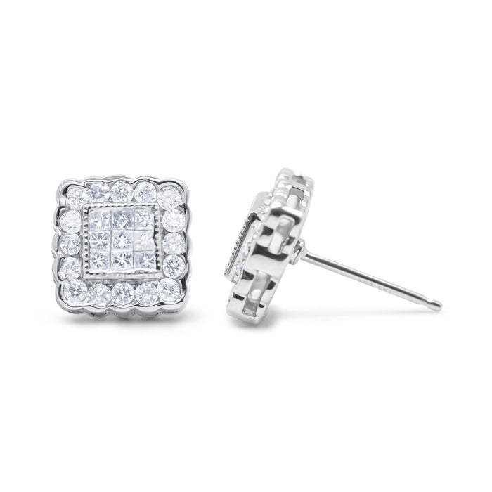 Aretes de botón de halo cuadrado enmarcado de borde festoneado con diamantes de 1 ct. p.t. en oro blanco de 14K, foto 3