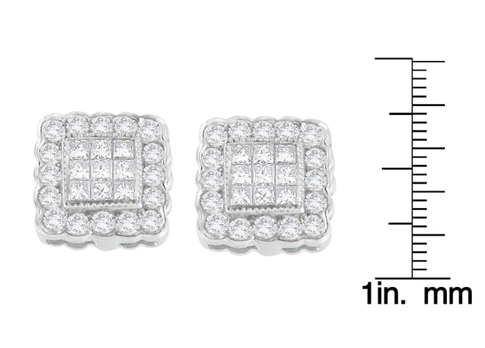 Aretes de botón de halo cuadrado enmarcado de borde festoneado con diamantes de 1 ct. p.t. en oro blanco de 14K, foto 4