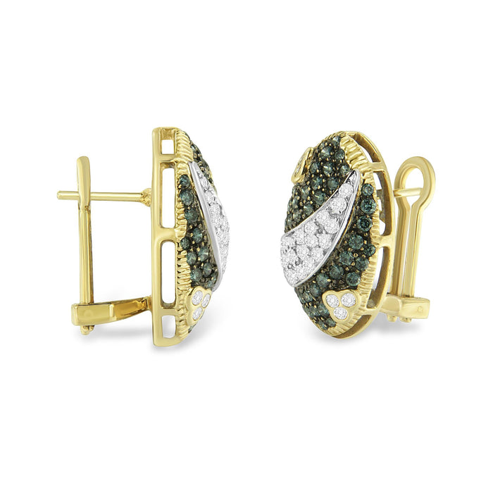 2 1/10 Ct. T.W. Black and White Rhodium over White and Treated Blue Diamond Oval Omega Back Stud Earrings in 14K Yellow Gold, photo 4