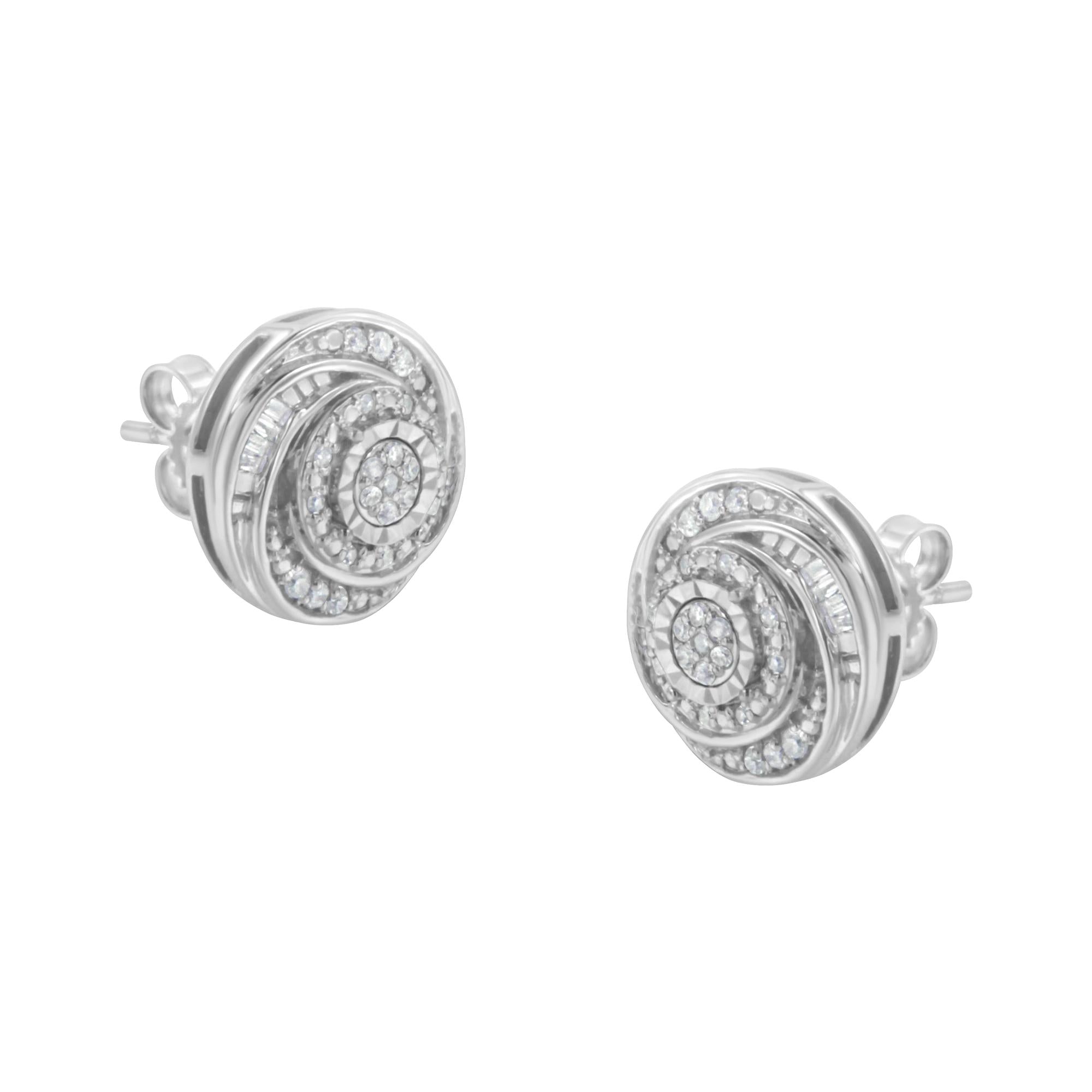 1/4 Ct. T.W. Baguette and Round Diamond Swirl Love Knot Stud Earrings in Sterling Silver, photo 1