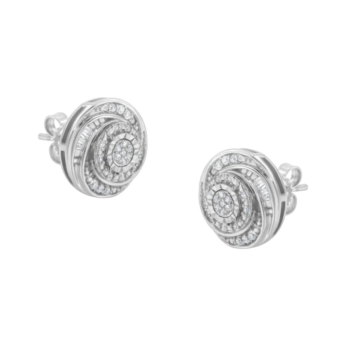 1/4 Ct. T.W. Baguette and Round Diamond Swirl Love Knot Stud Earrings in Sterling Silver, photo 1