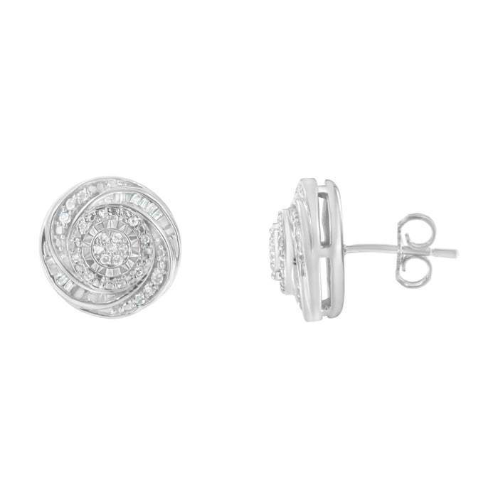 1/4 Ct. T.W. Baguette and Round Diamond Swirl Love Knot Stud Earrings in Sterling Silver, photo 2