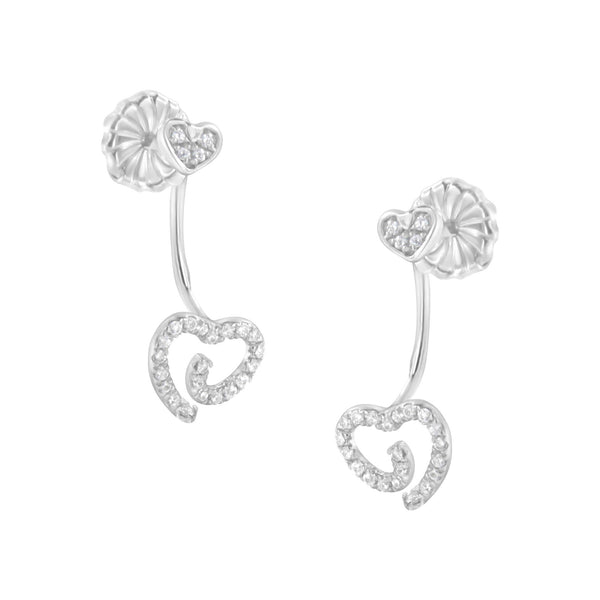 Aretes de frente y atrás de corazón con remolino y diamantes de 1/4 ct. p.t. en plata de ley, foto 1