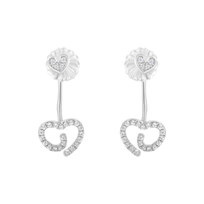 Aretes de frente y atrás de corazón con remolino y diamantes de 1/4 ct. p.t. en plata de ley, foto 4