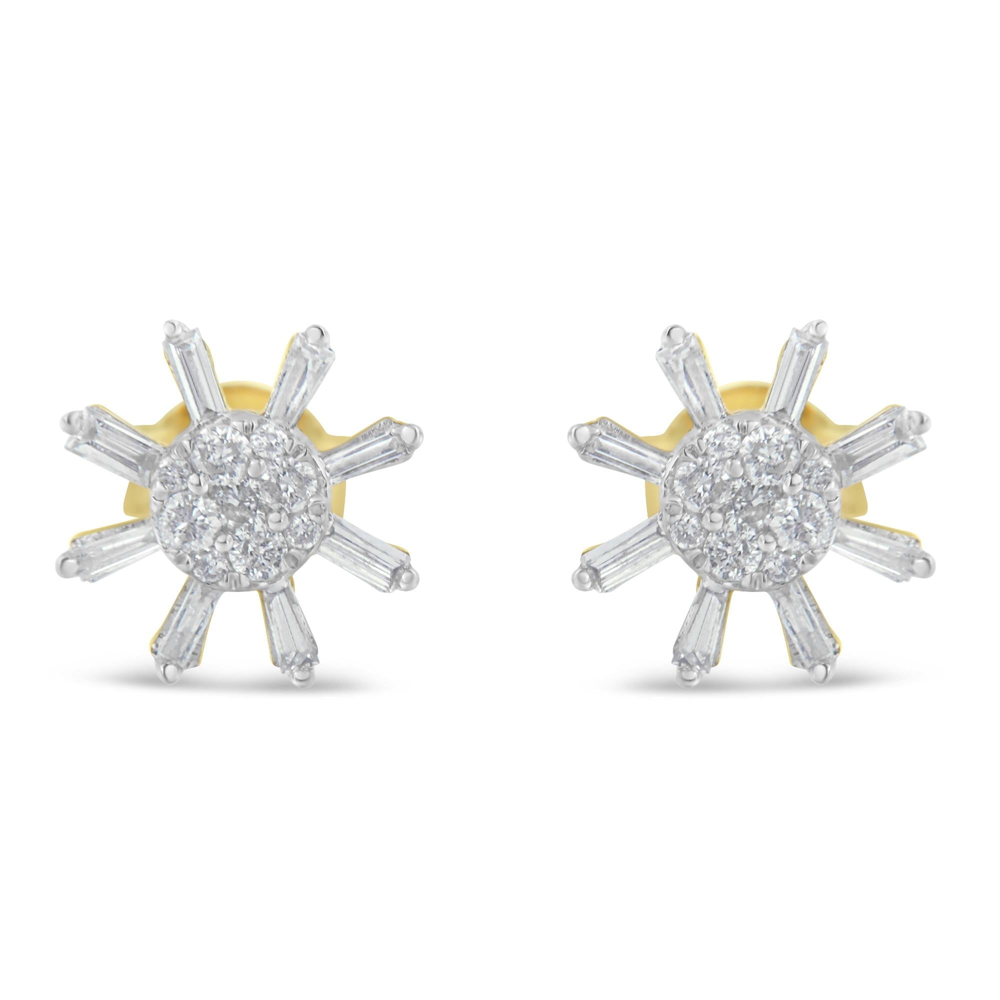 0.50 Ct. T.W. Round and Baguette Diamond Stud Earrings in 10K Yellow Gold, photo 1