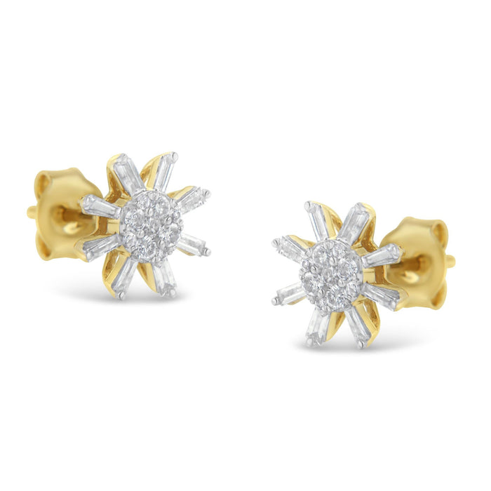 0.50 Ct. T.W. Round and Baguette Diamond Stud Earrings in 10K Yellow Gold, photo 4