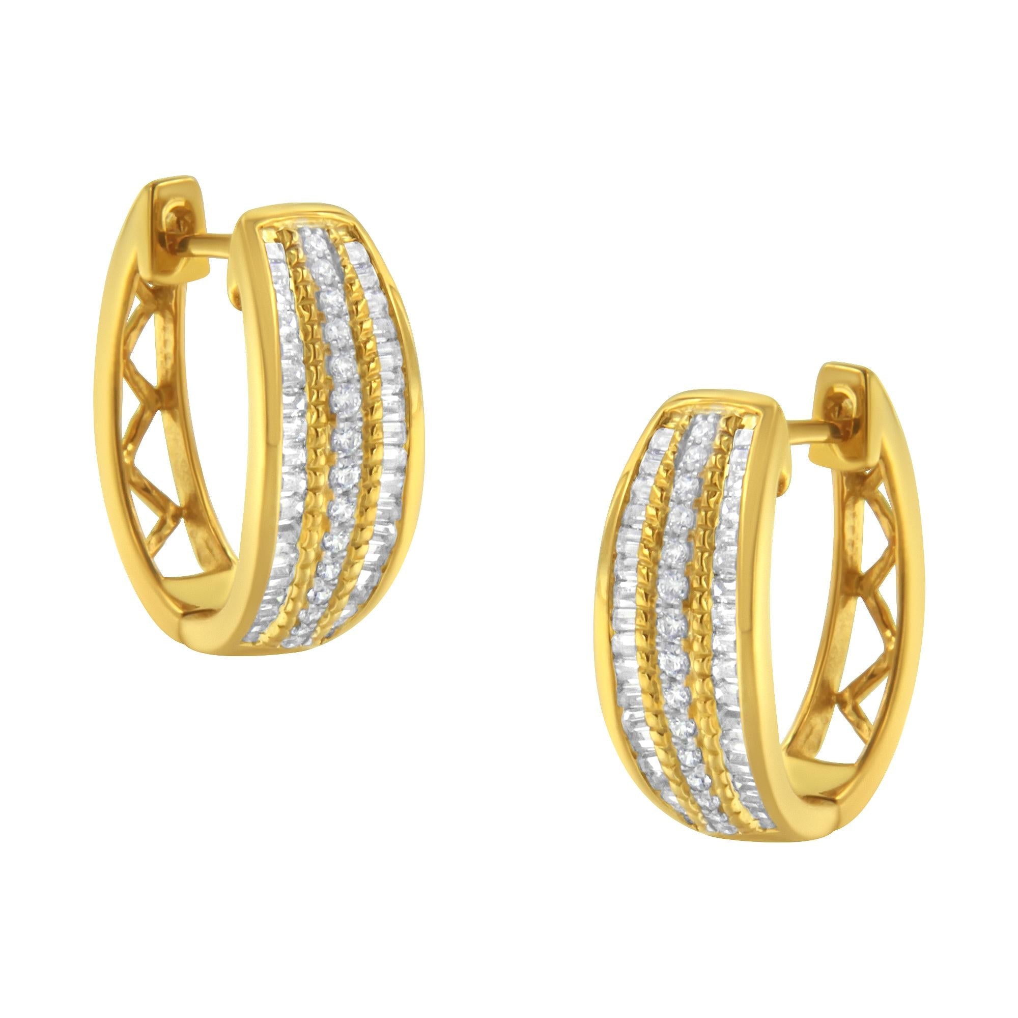 3/4 Ct. T.W. Pave and Channel-Set Diamond Triple Row Modern Hoop Earrings in 10K Yellow Gold, photo 1