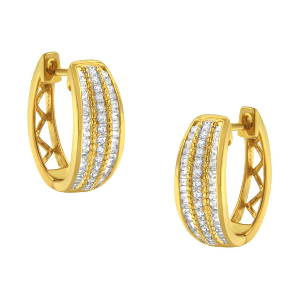 Aretes de aro modernos de tres hileras pavé y de canal con diamantes de 3/4 ct. p.t. en oro amarillo de 10K, foto 1