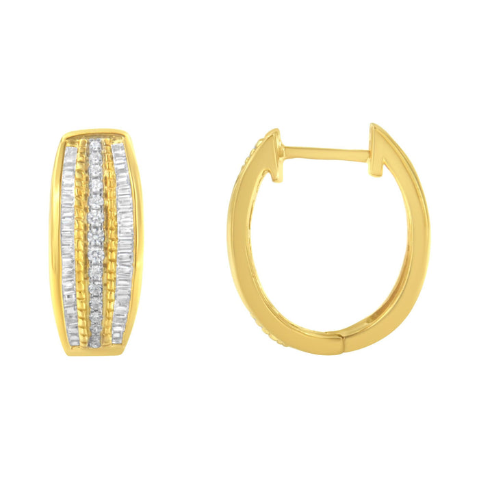 3/4 Ct. T.W. Pave and Channel-Set Diamond Triple Row Modern Hoop Earrings in 10K Yellow Gold, photo 2