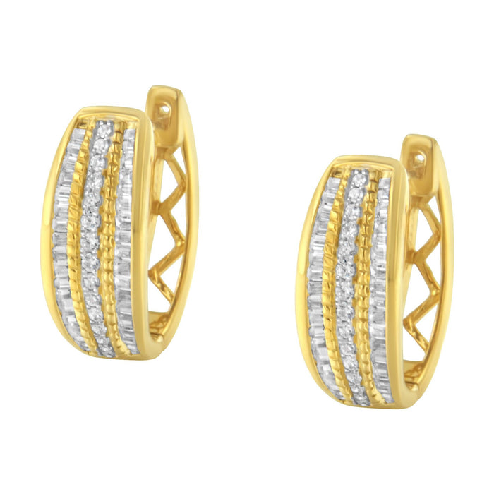3/4 Ct. T.W. Pave and Channel-Set Diamond Triple Row Modern Hoop Earrings in 10K Yellow Gold, photo 5