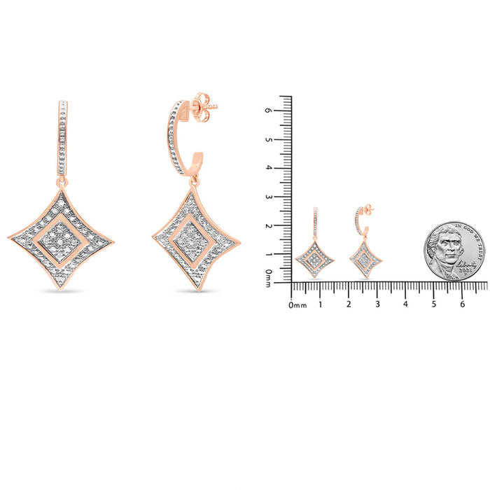 Aretes colgantes de rombo con detalle de diamante talla redonda en plata de ley bañada en oro rosa de 14K, color H-I, claridad I2-I3, foto 5