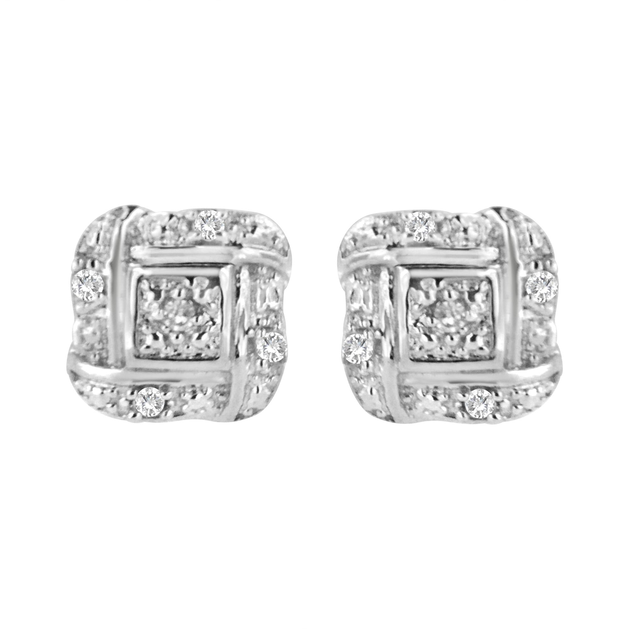 Aretes de botón cuadrados con diamantes redondos de 0.04 ct. p.t. en plata de ley, foto 1