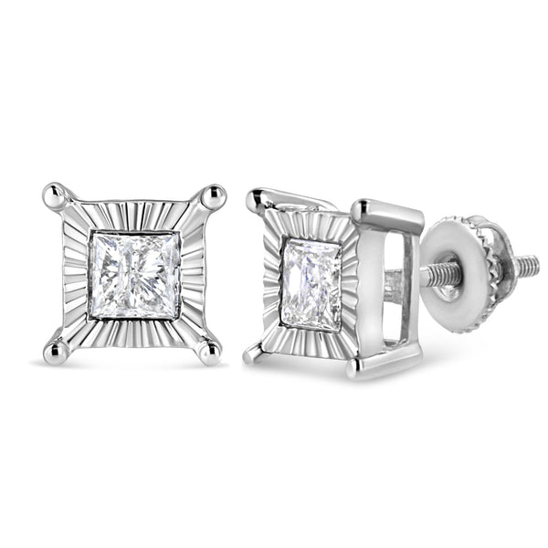 Aretes de botón solitario bañados en rodio Miracle-Set con diamantes talla princesa de 0.33 a 1 ct. p.t. en plata de ley, foto 2