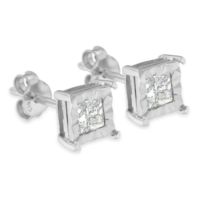 Aretes de botón solitario Miracle-Set con diamantes talla princesa de pureza SI2-I1 de 0.25 a 0.5 ct. p.t. en plata de ley, foto 6