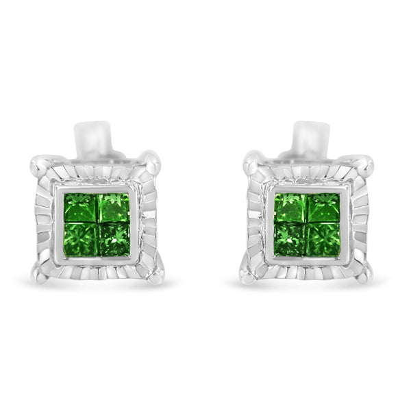 Aretes de botón cuádruples con diamantes verdes tratados para color talla princesa de 1/2 ct. p.t. en plata de ley, foto 1