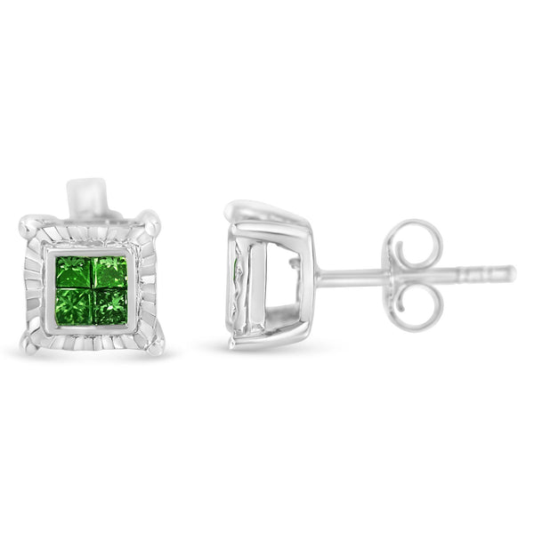 Aretes de botón cuádruples con diamantes verdes tratados para color talla princesa de 1/2 ct. p.t. en plata de ley, foto 2