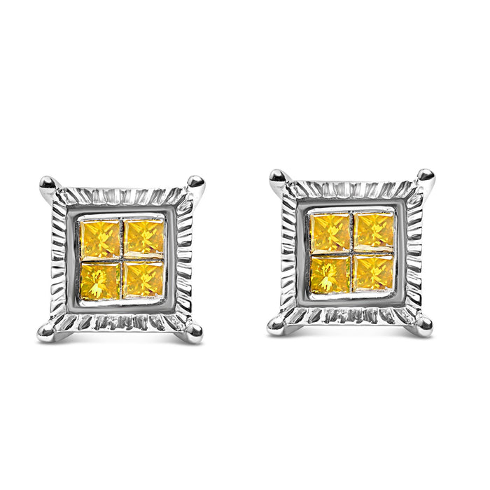 Aretes de botón cuádruples con diamantes amarillos talla princesa de 1/2 ct. p.t. en plata de ley, foto 1