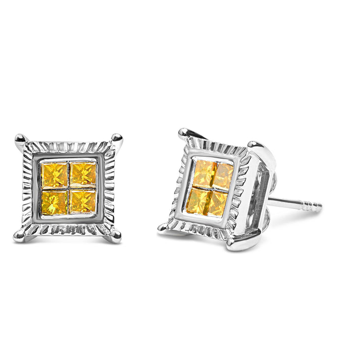 Aretes de botón cuádruples con diamantes amarillos talla princesa de 1/2 ct. p.t. en plata de ley, foto 2
