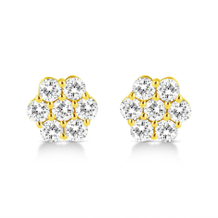 Aretes de botón de racimo floral con cierres de presión y diamantes redondos de 1/2 ct. p.t. en oro amarillo de 14K, foto 1