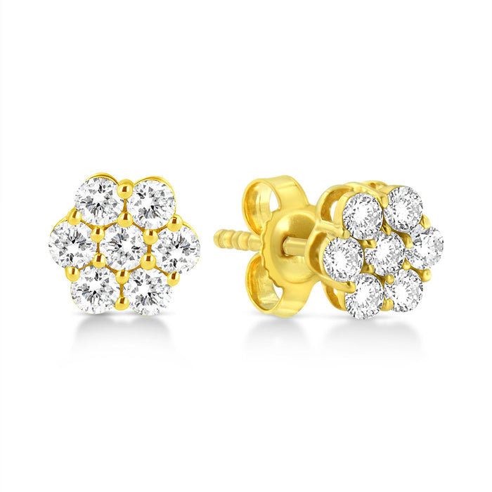 Aretes de botón de racimo floral con cierres de presión y diamantes redondos de 1/2 ct. p.t. en oro amarillo de 14K, foto 2
